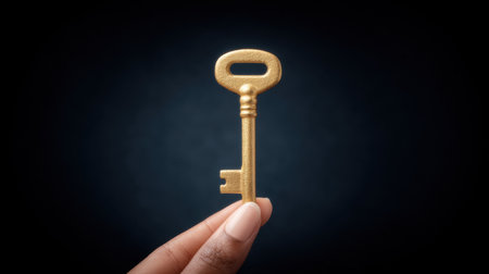 A golden key is elegantly presented by a hand against a dark background, symbolizing unlocking possibilities and new opportunities in a visually striking way.の素材