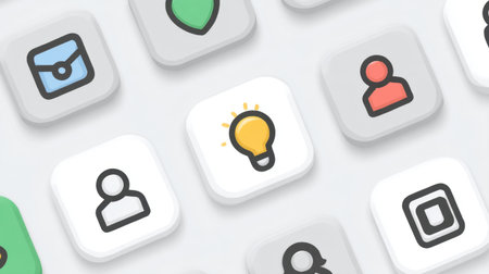 A collection of flat design icons, prominently featuring a light bulb among user silhouettes and device symbols, ideal for creative projects and digital applications.の素材