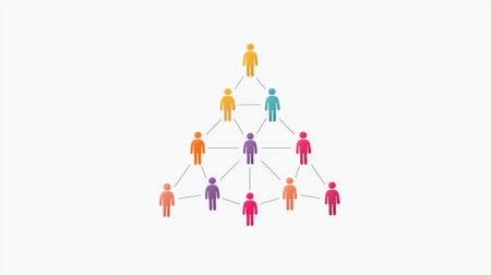This vibrant graphic illustrates a network of individuals in a hierarchical structure, emphasizing connection, teamwork, and collaboration in a modern context.の素材