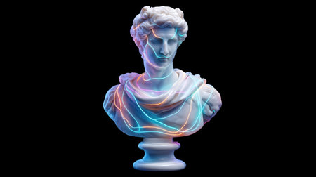 Explore a mesmerizing marble bust enhanced with colorful glowing lines, merging classical sculpture with modern digital art for a stunning visual experience.の素材