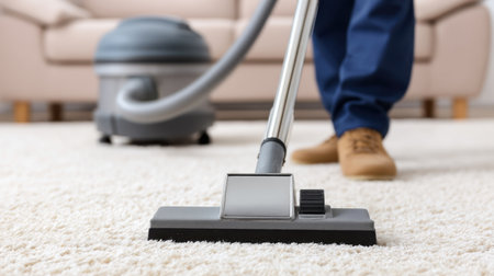 An industrial vacuum cleaner in action on a carpet in an apartment, showcasing effective cleaning methods for maintaining a fresh environment in residential spaces.の素材