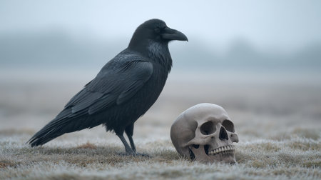 A solitary raven stands over a skull in a frosty field, enveloped in moody light that enhances the eerie atmosphere and evokes themes of nature and mortality.の素材