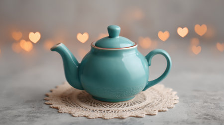 This image captures a charming retro teal teapot placed on a delicate lace doily, surrounded by warm hearts that create a soft, inviting ambiance perfect for tea moments.の素材