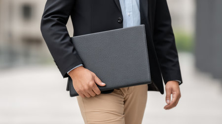 A business professional confidently walks with a sleek folder, heading to an office meeting. His modern attire and focused demeanor reflect a dynamic workplace environment.の素材