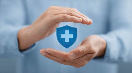 A pair of hands elegantly holds a digital healthcare icon floating above, representing the essence of protection and care in modern medical practices and digital health solutions.の素材