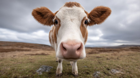 A close-up portrait of a curious cow wearing a scarf, approaching the camera in a serene farm setting, against a backdrop of a moody sky and rural landscape.の素材