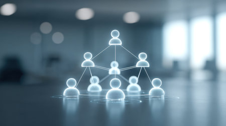 Explore a modern digital representation of nodes and lines creating an organizational chart, symbolizing business connectivity and innovative structure in a sleek office space.の素材