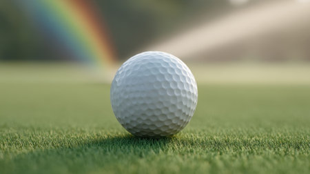 A perfectly trimmed green field features a golf ball resting on the grass. Sunlight creates a bright atmosphere adorned with a rainbow, perfect for leisure and sports.の素材
