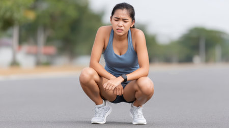 A dedicated runner pauses on a sunny road, visibly suffering from a heat-induced headache. This moment highlights the challenges faced during outdoor exercise.の素材
