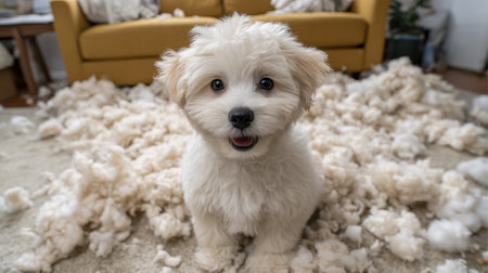 A charming puppy with fluffy fur smiles joyfully in a warm living room, surrounded by soft fluff, creating a playful and delightful atmosphere for pet lovers.の素材