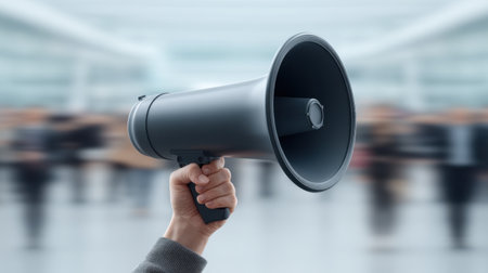 A dynamic image of a person holding a loudspeaker, surrounded by a blurred crowd, emphasizing action and communication in a lively event setting.の素材