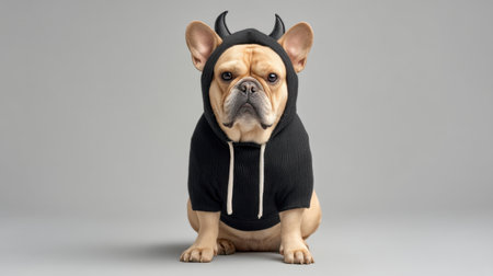 This charming bulldog is dressed in a black bat hood costume, sitting obediently against a neutral gray background, showcasing a delightful personality perfect for playful pet imagery.の素材