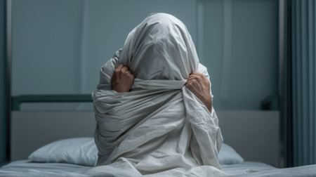 A patient in emotional turmoil sits on a hospital bed, clenching bedsheets in pain while hidden beneath a white cover, conveying a deep sense of struggle and realization.の素材