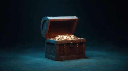 Explore a captivating scene of an open treasure chest, overflowing with gleaming coins and stunning jewels, illuminated in a dark and mysterious setting.の素材