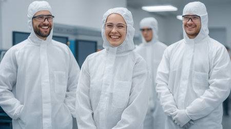 A diverse group of professionals in protective clothing smiles in a cleanroom, highlighting collaboration and commitment to innovation in a sterile environment.の素材