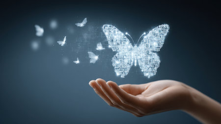 A hand gently releases a holographic butterfly, symbolizing digital transformation and freedom, merging nature with modern technology in a captivating visual art piece.の素材