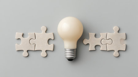 This stock photo showcases a lightbulb surrounded by puzzle pieces, symbolizing creative problem solving and innovative thinking in a visually engaging manner.の素材