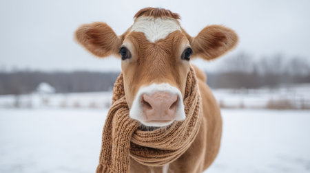 This charming close-up image features a cow wearing a cozy scarf, standing gracefully in a winter landscape. Its gentle expression adds warmth to the cold scene.の素材
