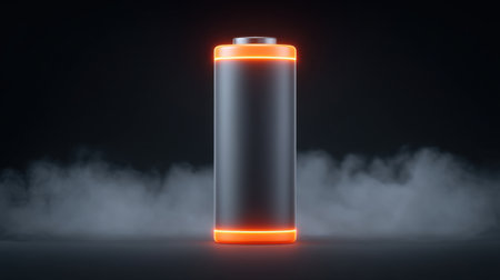 This striking image features a modern energy battery model showcasing a glowing orange accent, surrounded by atmospheric smoke and dramatic lighting, perfect for tech visuals.の素材