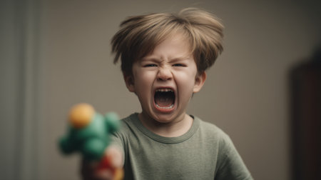 A dramatic close-up captures an angry child in the midst of a toy toss. The image reveals the deep emotions of frustration and excitement in a home setting.の素材