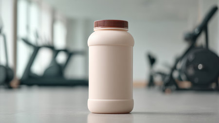 A stylish jar of protein powder stands at the center of a bright and modern gym setting, emphasizing fitness and nutrition in a motivating workout environment.の素材