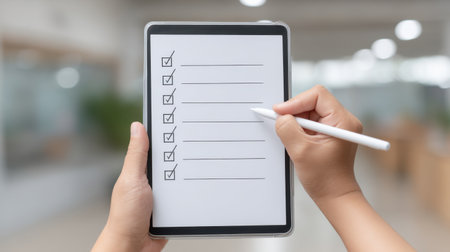 A person uses a stylus on a tablet displaying a digital checklist in a contemporary office environment, emphasizing productivity and organization.の素材