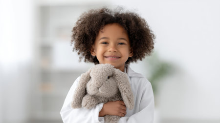 A cheerful boy in a bright room hugs a soft gray rabbit, showcasing pure happiness and innocence. His warm smile captures the essence of childhood joy.の素材