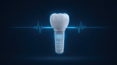 This captivating image showcases a glowing dental implant with an electronic pulse effect, emphasizing modern technology in oral health and innovative treatment solutions.の素材