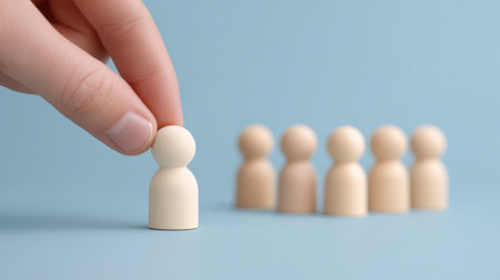 A hand is selecting a wooden figure from a lineup of similar figures against a soft blue background, symbolizing the talent selection process in hiring and decision-making scenarios.の素材