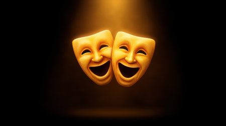 Two bright glowing masks symbolizing comedy and tragedy shine under a spotlight against a dark background, representing the emotional duality of theatrical performance.の素材