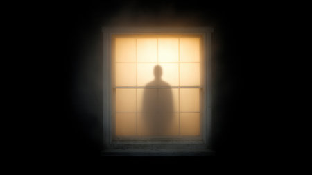 A ghostly silhouette appears in a foggy window, creating an eerie atmosphere. The dim light and shadow evoke mystery and intrigue, captivating the viewer's imagination.の素材