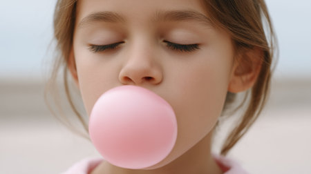 A serene moment captured as a young child blows a large pink bubble gum with eyes gently closed, embodying innocence and playfulness in a tranquil outdoor setting.の素材