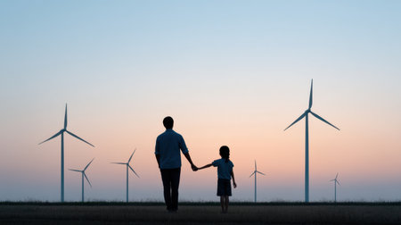 A touching silhouette of a parent and child holding hands at sunset, surrounded by wind turbines, symbolizing connection, nature, and cherished moments.の素材