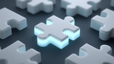 A glowing puzzle piece stands out among traditional white pieces on a dark background, representing unique solutions and the importance of creative thinking in problem-solving.の素材