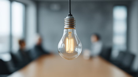 A retro light bulb elegantly hangs over a sleek conference table, setting the tone for a creative discussion in a modern office environment. Ideal for professional themes.の素材