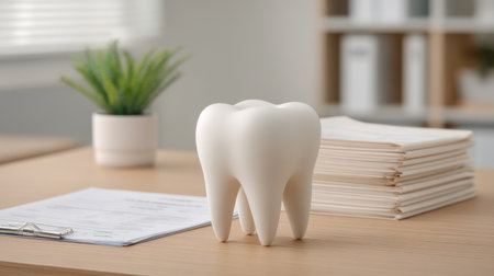 A white dental model depicting a tooth on a wooden desk surrounded by paperwork and a potted plant. This image symbolizes dental care and professional hygiene in a modern office environment.の素材