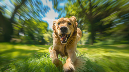 A happy Golden Retriever running through a park on a sunny day, with a blurred background of green trees and a blue sky.の素材