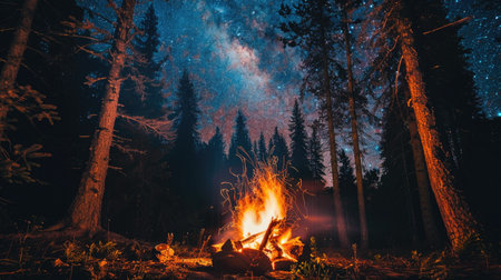 A campfire crackling under a starry night sky, surrounded by towering trees in the forest.の素材
