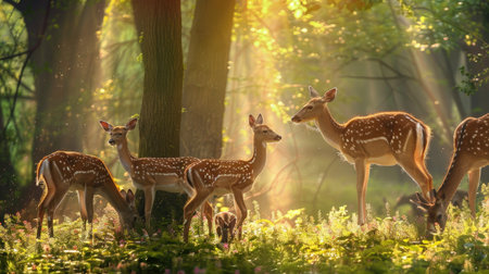 A family of deer grazing peacefully in a sun-dappled clearing of the forest.の素材