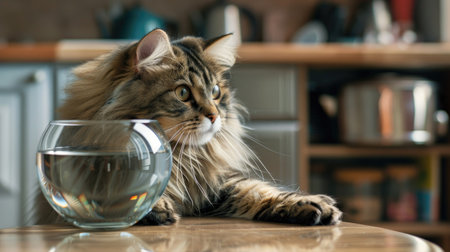 A fluffy Maine Coon cat curiously peering into a fishbowl, with its paw gently touching the glass, in a homey kitchen setting.の素材