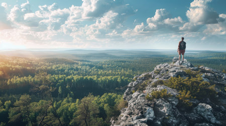A hiker standing atop a rocky outcrop, gazing out over a vast expanse of forest below.の素材