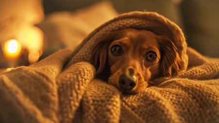 A Dachshund puppy peeking out from under a cozy blanket on a couch, with a softly lit living room in the background.の素材
