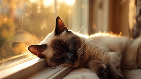 A close-up of a contented Siamese cat lounging on a cozy windowsill, bathed in the warm glow of the afternoon sun.の素材