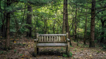 A quaint wooden bench nestled beneath a canopy of trees, offering a peaceful retreat in the forest.の素材