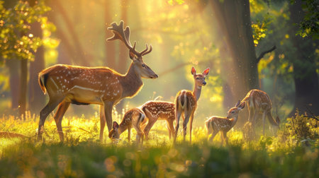 A family of deer grazing peacefully in a sun-dappled clearing of the forest.の素材