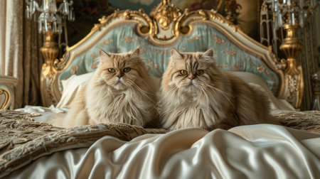 A pair of fluffy Persian cats sitting regally on a luxurious bed with a velvet blanket, in a room with elegant, classic decor.の素材