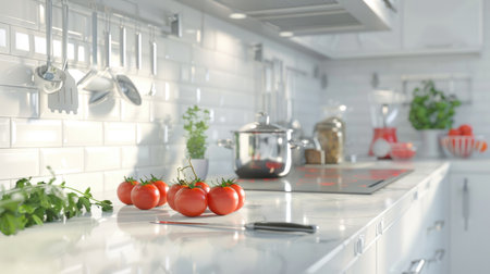 A modern kitchen scene with gleaming utensils and fresh ingredients on a spotless white counter.の素材