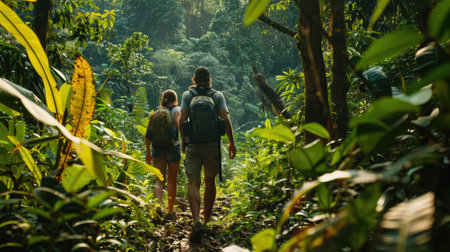 A pair of adventurous explorers trekking through dense undergrowth in the heart of the forest.の素材