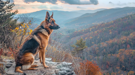 A majestic German Shepherd on a mountain trail, looking into the distance with a beautiful landscape of trees and hills behind.の素材