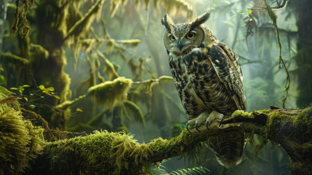 A majestic owl perched on a moss-covered branch, surveying its domain in the forest.の素材